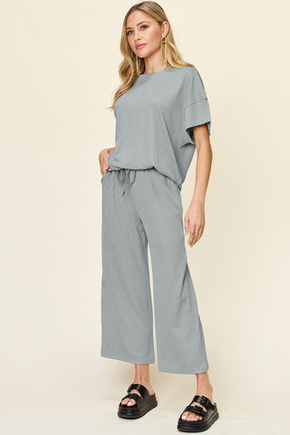 Shop Double Take Full Size Texture Round Neck Short Sleeve T-Shirt and Wide Leg Pants - High-Quality U.S. Made Women’s Fashion with Free Fast Shipping