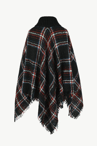 Shop Plaid Turtleneck Fringe Hem Poncho - High-Quality U.S. Made Women’s Fashion with Free Fast Shipping