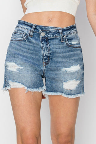 Shop MEDIUM RISEN Stepped Waist Frayed Denim Shorts - High-Quality U.S. Made Women’s Fashion with Free & Fast Shipping