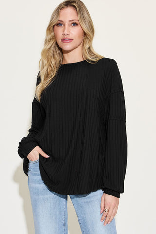 Shop Black Basic Bae Full Size Ribbed Round Neck Long Sleeve T-Shirt - High-Quality U.S. Made Women’s Fashion with Free & Fast Shipping