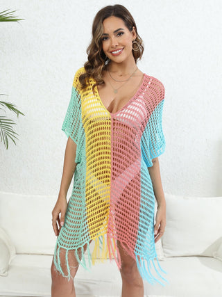 Shop Fringe Color Block Scoop Neck Cover Up - High-Quality U.S. Made Women’s Fashion with Free Fast Shipping