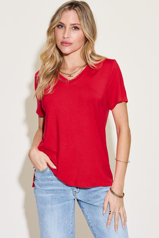 Shop Basic Bae Full Size V-Neck High-Low T-Shirt - High-Quality U.S. Made Women’s Fashion with Free Fast Shipping