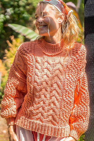 Shop Coral Tangerine POL Mock Neck Cable Knit Sweater - High-Quality U.S. Made Women’s Fashion with Free & Fast Shipping