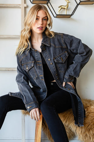 Shop BLACKWASH Veveret Button Up Distressed Frayed Hem Denim Jacket - High-Quality U.S. Made Women’s Fashion with Free & Fast Shipping