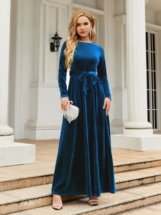 Shop Tie Front Round Neck Long Sleeve Maxi Dress - High-Quality U.S. Made Women’s Fashion with Free & Fast Shipping