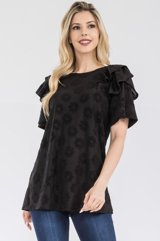 Shop Black Celeste Full Size Ruffle Layered Short Sleeve Daisy Floral Top - High-Quality U.S. Made Women’s Fashion with Free & Fast Shipping