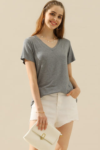 Shop H GREY Ninexis Full Size V-Neck Short Sleeve T-Shirt - High-Quality U.S. Made Women’s Fashion with Free & Fast Shipping