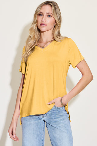 Shop Basic Bae Bamboo Full Size V-Neck High-Low T-Shirt - High-Quality U.S. Made Women’s Fashion with Free Fast Shipping