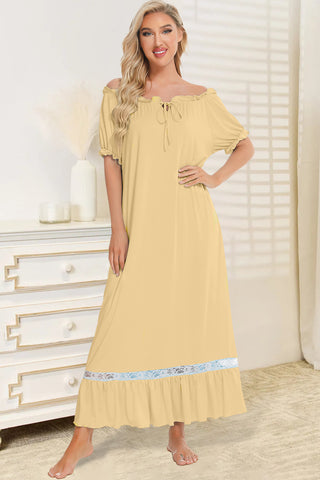 Shop Light Yellow Lace Detail Short Sleeve Lounge Dress - High-Quality U.S. Made Women’s Fashion with Free & Fast Shipping