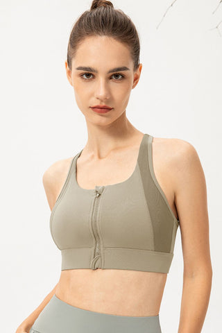 Shop Sage Zip-Up Round Neck Sports Bra - High-Quality U.S. Made Women’s Fashion with Free & Fast Shipping