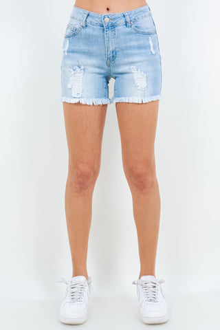 Shop Blue American Bazi High Waist Distressed Frayed Denim Shorts - High-Quality U.S. Made Women’s Fashion with Free & Fast Shipping