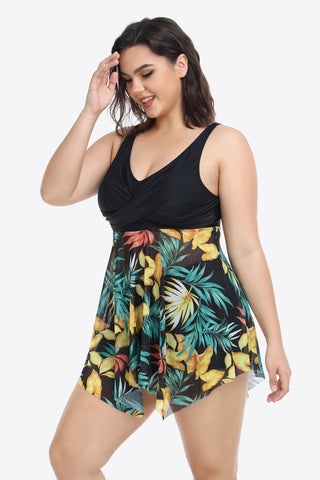 Shop Plus Size Floral Two-Tone Asymmetrical Hem Two-Piece Swimsuit - High-Quality U.S. Made Women’s Fashion with Free & Fast Shipping