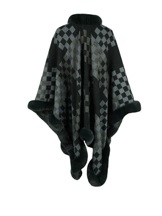 Shop Checkered Faux Fur Trim Poncho - High-Quality U.S. Made Women’s Fashion with Free & Fast Shipping