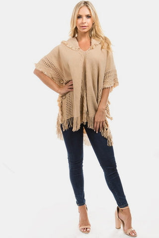 Shop Fringed Crochet Buttoned Hooded Poncho - High-Quality U.S. Made Women’s Fashion with Free Fast Shipping