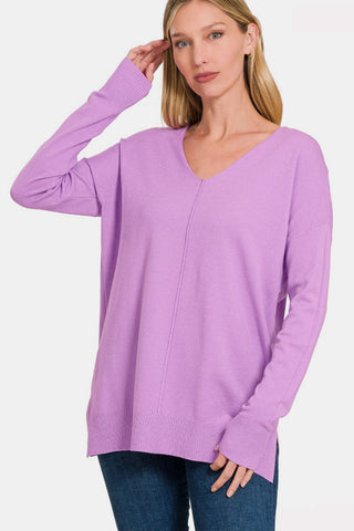 Shop BLAVENDER Zenana Slit V-Neck Dropped Shoulder Sweater - High-Quality U.S. Made Women’s Fashion with Free & Fast Shipping