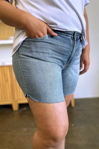 Shop Judy Blue Full Size High Waist Raw Hem Denim Shorts - High-Quality U.S. Made Women’s Fashion with Free & Fast Shipping