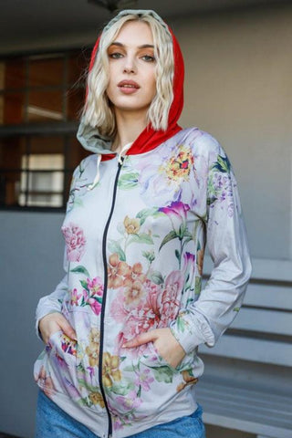 Shop Pink Floral Blumin Apparel Full Size Floral Zip Up Hoodie - High-Quality U.S. Made Women’s Fashion with Free & Fast Shipping