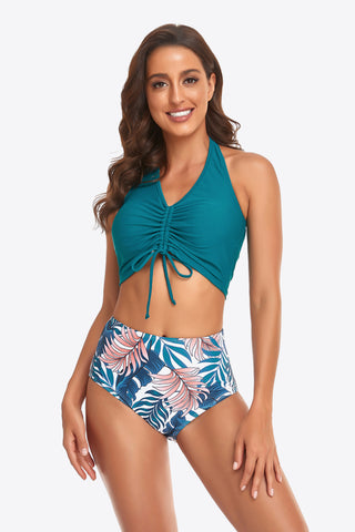 Shop Teal Botanical Print Halter Neck Drawstring Detail Bikini Set - High-Quality U.S. Made Women’s Fashion with Free & Fast Shipping