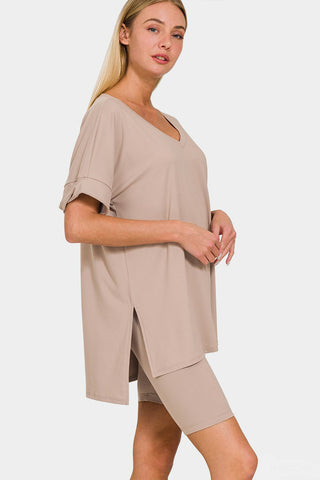 Shop Zenana Full Size V-Neck Short Sleeve Slit T-Shirt and Shorts Set - High-Quality U.S. Made Women’s Fashion with Free Fast Shipping