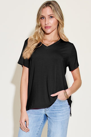 Shop Basic Bae Bamboo Full Size V-Neck High-Low T-Shirt - High-Quality U.S. Made Women’s Fashion with Free & Fast Shipping