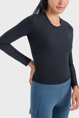 Shop Black Millennia Round Neck Long Sleeve Sports Top - High-Quality U.S. Made Women’s Fashion with Free & Fast Shipping