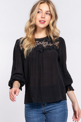 Shop Black ACTIVE BASIC Crochet Lace Panel Flounce Sleeve Blouse - High-Quality U.S. Made Women’s Fashion with Free & Fast Shipping