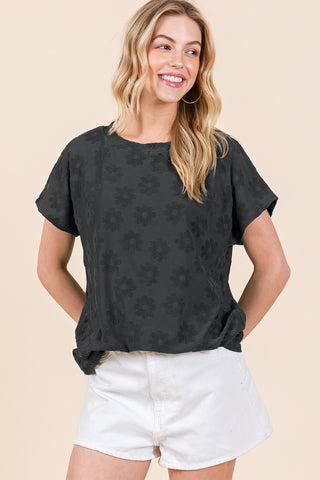 Shop Black BOMBOM Textured Floral Pattern Short Sleeve T-Shirt - High-Quality U.S. Made Women’s Fashion with Free & Fast Shipping