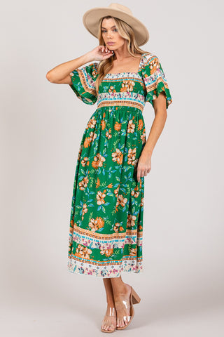 Shop SAGE + FIG Printed Smocked Short Sleeve Midi Dress - High-Quality U.S. Made Women’s Fashion with Free & Fast Shipping