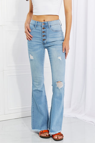 Shop Light Vibrant MIU Full Size Jess Button Flare Jeans - High-Quality U.S. Made Women’s Fashion with Free & Fast Shipping