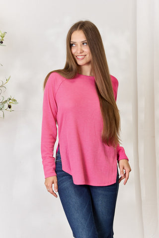 Shop Fuchsia Zenana Round Neck Long Sleeve Slit Top - High-Quality U.S. Made Women’s Fashion with Free & Fast Shipping