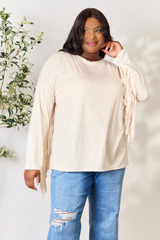 Shop Ivory Celeste Full Size Fringe Detail Long Sleeve Blouse - High-Quality U.S. Made Women’s Fashion with Free & Fast Shipping