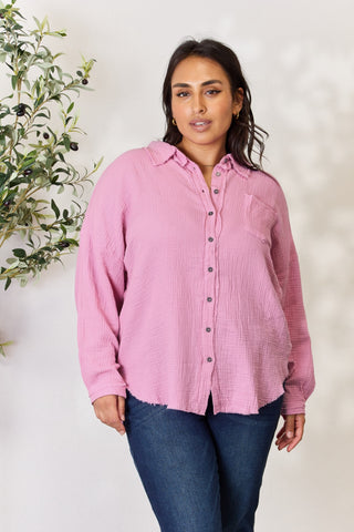 Shop Mauve Zenana Full Size Texture Button Up Raw Hem Long Sleeve Shirt - High-Quality U.S. Made Women’s Fashion with Free & Fast Shipping