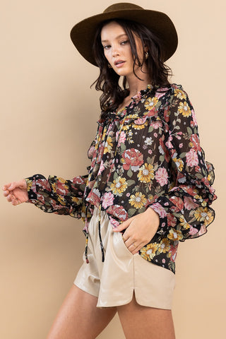 Shop Ces Femme Ruffle Trim Long Sleeve Floral Blouse - High-Quality U.S. Made Women’s Fashion with Free & Fast Shipping