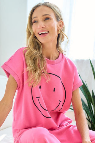 Shop Pink First Love Smile Face Drop Shoulder Brushed Inside T-Shirt - High-Quality U.S. Made Women’s Fashion with Free & Fast Shipping