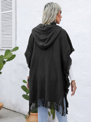 Shop Fringe Trim Buttoned Hooded Poncho - High-Quality U.S. Made Women’s Fashion with Free Fast Shipping