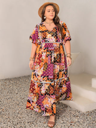 Shop Plus Size Printed V-Neck Half Sleeve Maxi Dress - High-Quality U.S. Made Women’s Fashion with Free Fast Shipping