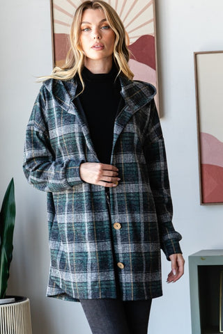 Shop Heimish Plaid Button Down Long Sleeve Hooded Cardigan - High-Quality U.S. Made Women’s Fashion with Free Fast Shipping