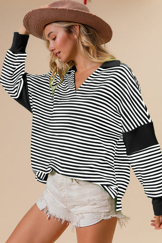 Shop Black BiBi Striped Contrast Long Sleeve Knit Top - High-Quality U.S. Made Women’s Fashion with Free & Fast Shipping