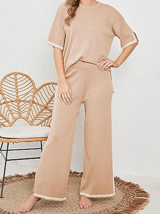 Shop Contrast High-Low Sweater and Knit Pants Set - High-Quality U.S. Made Women’s Fashion with Free Fast Shipping