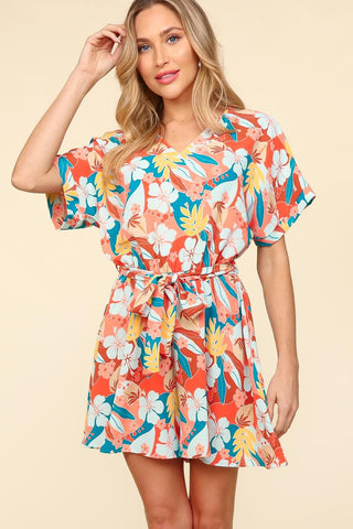 Shop Haptics Tropical Floral Short Sleeve Tied Romper - High-Quality U.S. Made Women’s Fashion with Free & Fast Shipping