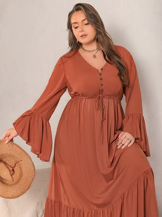 Shop Plus Size V-Neck Flare Sleeve Maxi Dress - High-Quality U.S. Made Women’s Fashion with Free Fast Shipping