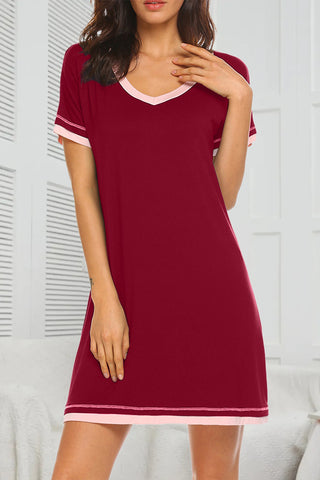 Shop Burgundy Contrast Trim Short Sleeve Lounge Dress - High-Quality U.S. Made Women’s Fashion with Free & Fast Shipping