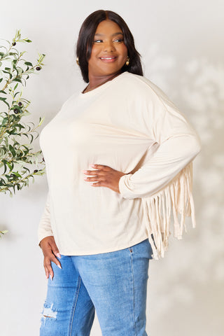 Shop Celeste Full Size Fringe Detail Long Sleeve Blouse - High-Quality U.S. Made Women’s Fashion with Free & Fast Shipping