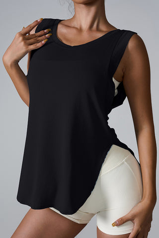 Shop Black Slit Round Neck Active Tank - High-Quality U.S. Made Women’s Fashion with Free & Fast Shipping