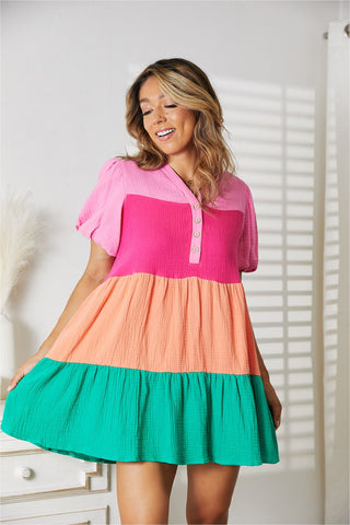 Shop Double Take Color Block Buttoned Puff Sleeve Dress - High-Quality U.S. Made Women’s Fashion with Free & Fast Shipping