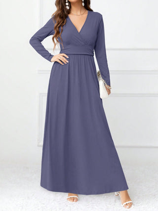 Shop Pocketed Surplice Long Sleeve Maxi Dress - High-Quality U.S. Made Women’s Fashion with Free Fast Shipping