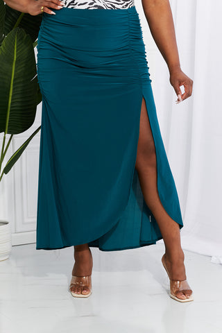 Shop White Birch Full Size Up and Up Ruched Slit Maxi Skirt in Teal - High-Quality U.S. Made Women’s Fashion with Free & Fast Shipping