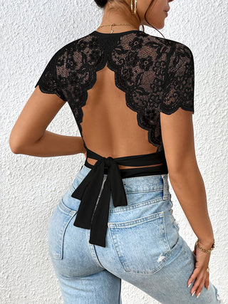 Shop Lace Backless Round Neck Bodysuit - High-Quality U.S. Made Women’s Fashion with Free & Fast Shipping