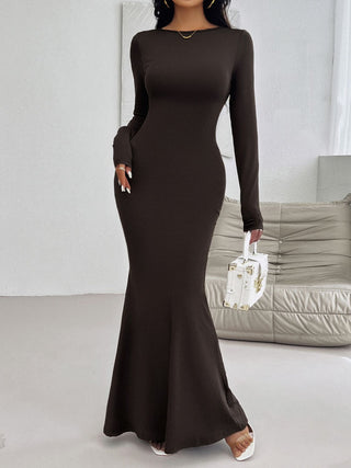 Shop Devine Backless Round Neck Long Sleeve Maxi Dress - High-Quality U.S. Made Women’s Fashion with Free Fast Shipping