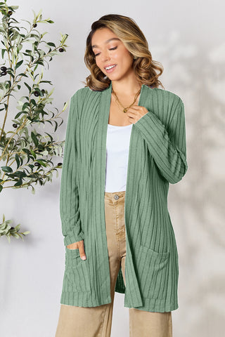 Shop Basic Bae Full Size Ribbed Open Front Cardigan with Pockets - High-Quality U.S. Made Women’s Fashion with Free & Fast Shipping